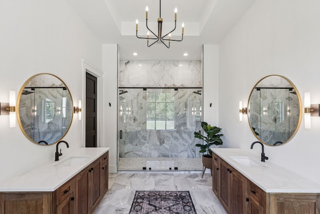 1890 Mcconnell Rd, Gunter, TX 75058 - full bath with a chandelier, marble tiled floors, a marble finish shower, and two vanities