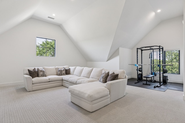 1890 Mcconnell Rd, Gunter, TX 75058 - living area featuring carpet floors, plenty of natural light, lofted ceiling, and recessed lighting
