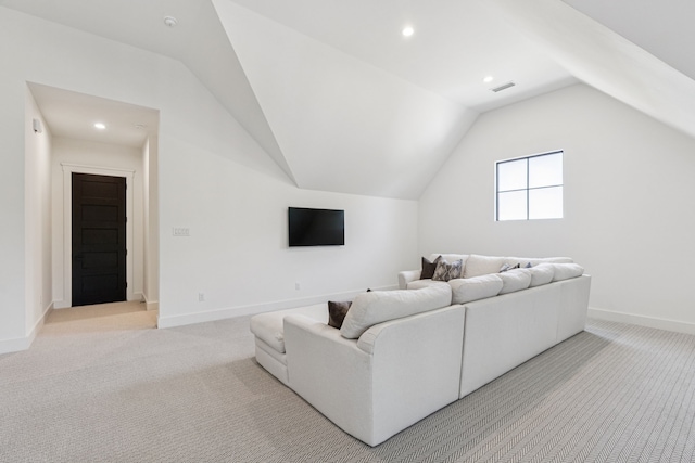 1890 Mcconnell Rd, Gunter, TX 75058 - living room featuring vaulted ceiling, light colored carpet, and recessed lighting