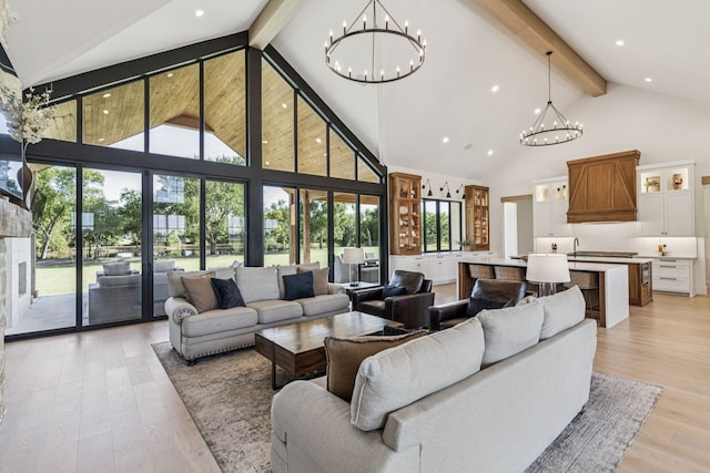 1890 Mcconnell Rd, Gunter, TX 75058 - living area featuring high vaulted ceiling, a chandelier, beamed ceiling, plenty of natural light, and light wood-style floors