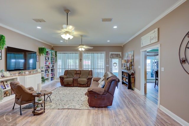 133 Downs Dr, Benton, LA 71006 - living area with ceiling fan, light wood-style floors, ornamental molding, and recessed lighting