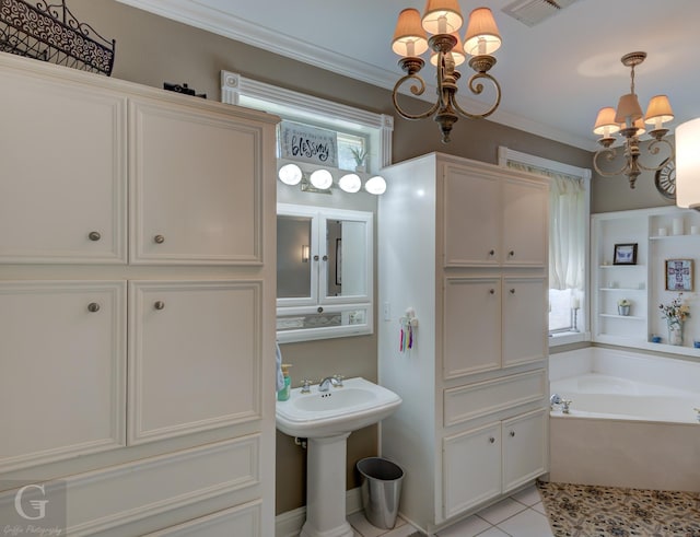 133 Downs Dr, Benton, LA 71006 - bathroom featuring a chandelier, a bath, tile patterned floors, and ornamental molding