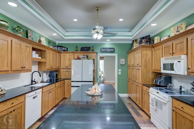 133 Downs Dr, Benton, LA 71006 - kitchen featuring white appliances, open shelves, dark countertops, a raised ceiling, and ornamental molding