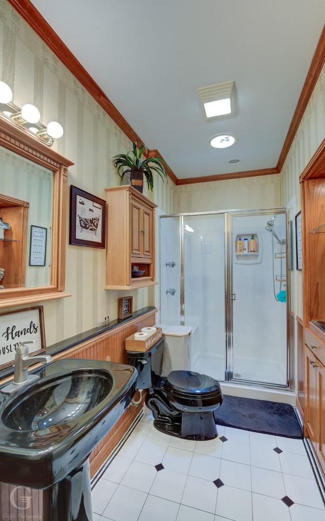 133 Downs Dr, Benton, LA 71006 - full bath featuring wallpapered walls, crown molding, a stall shower, vanity, and tile patterned flooring