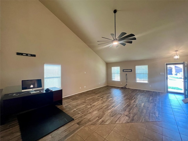 484 Harding Ln, Lavon, TX 75166 - unfurnished office featuring wood finished floors, a ceiling fan, and high vaulted ceiling