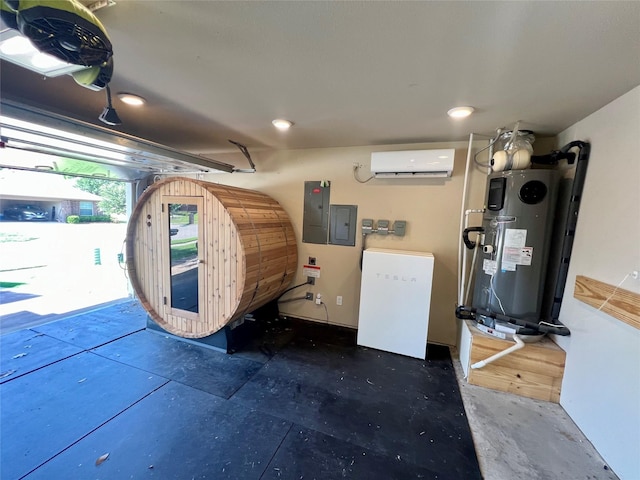 484 Harding Ln, Lavon, TX 75166 - garage with hybrid water heater, a wall mounted air conditioner, and electric panel