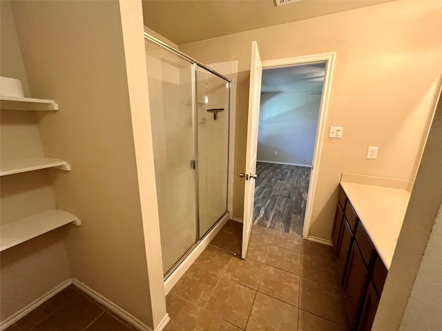 484 Harding Ln, Lavon, TX 75166 - bathroom with a stall shower, tile patterned flooring, and vanity
