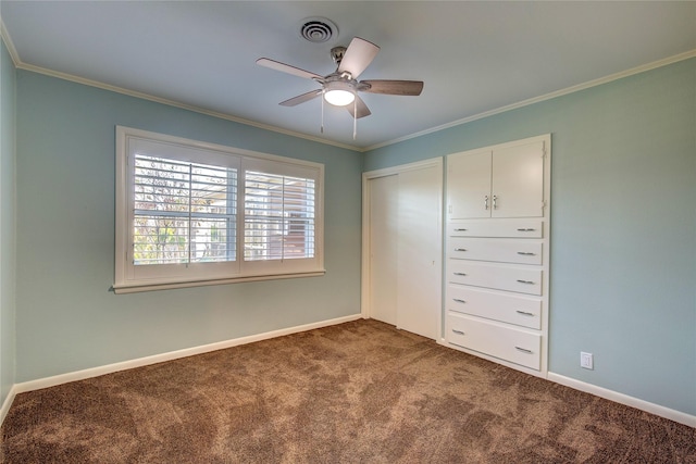 1521 Church St, Sulphur Springs, TX 75482 - unfurnished bedroom with carpet floors, crown molding, and a ceiling fan