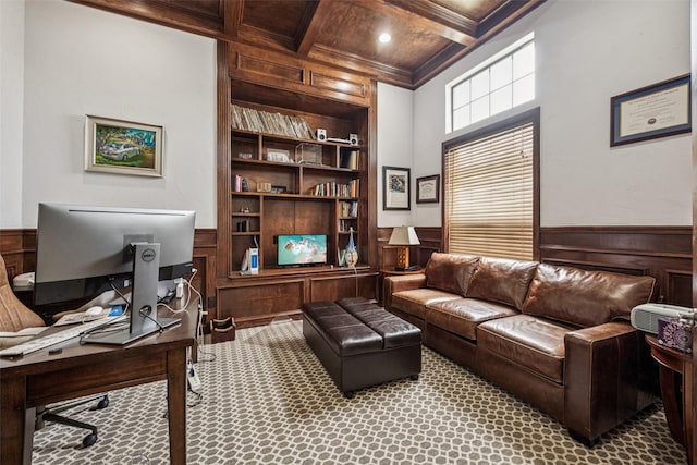 5210 Masters Ct, Midlothian, TX 76065 - carpeted office space featuring built in shelves, ornamental molding, wood walls, coffered ceiling, and wainscoting