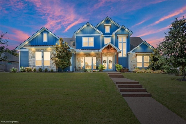 400 Wycliff Dr, China Spring, TX 76633 - craftsman inspired home with stone siding, board and batten siding, a front yard, and french doors