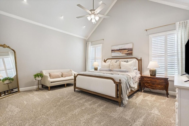 400 Wycliff Dr, China Spring, TX 76633 - bedroom featuring high vaulted ceiling, carpet floors, ornamental molding, and ceiling fan