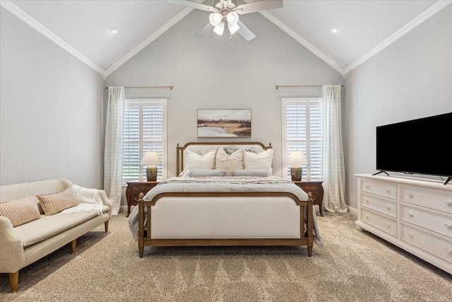 400 Wycliff Dr, China Spring, TX 76633 - bedroom with multiple windows, light colored carpet, ornamental molding, a ceiling fan, and high vaulted ceiling