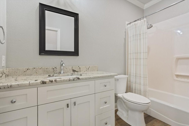 400 Wycliff Dr, China Spring, TX 76633 - bathroom featuring vanity, wood finished floors, ornamental molding, and shower / bath combo
