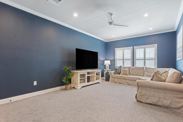 400 Wycliff Dr, China Spring, TX 76633 - living area featuring a ceiling fan, ornamental molding, carpet floors, and recessed lighting