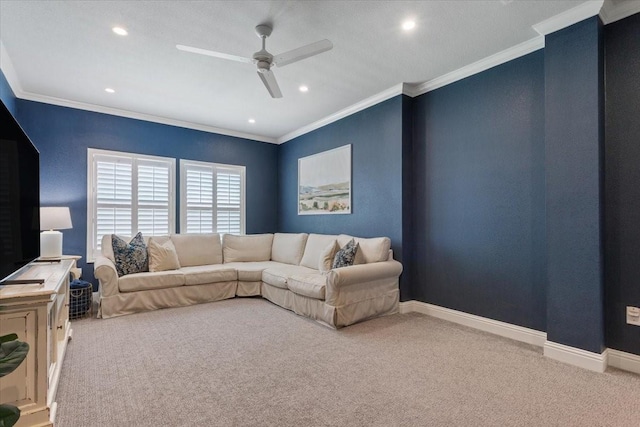 400 Wycliff Dr, China Spring, TX 76633 - carpeted living room with a ceiling fan, ornamental molding, and recessed lighting