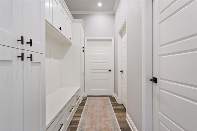 400 Wycliff Dr, China Spring, TX 76633 - mudroom with dark wood-style floors and crown molding