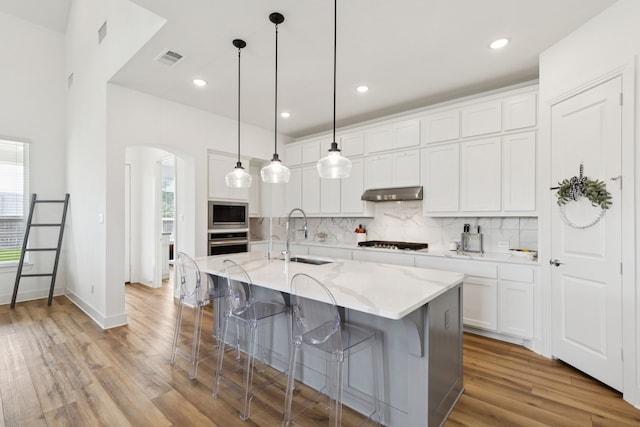 1814 Cypress Gap Trl, Mansfield, TX 76063 - kitchen with appliances with stainless steel finishes, arched walkways, decorative backsplash, under cabinet range hood, and white cabinetry