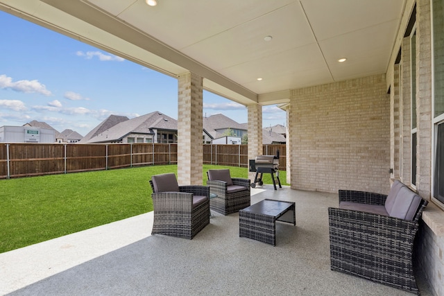 1814 Cypress Gap Trl, Mansfield, TX 76063 - fenced backyard featuring an outdoor hangout area, a patio, and a residential view