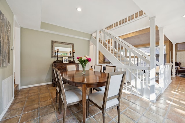 6250 Twin Oaks Cir, Dallas, TX 75240 - dining room featuring stairs, recessed lighting, and stone tile flooring
