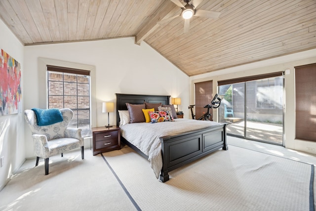 6250 Twin Oaks Cir, Dallas, TX 75240 - bedroom with light carpet, access to exterior, wooden ceiling, and ceiling fan