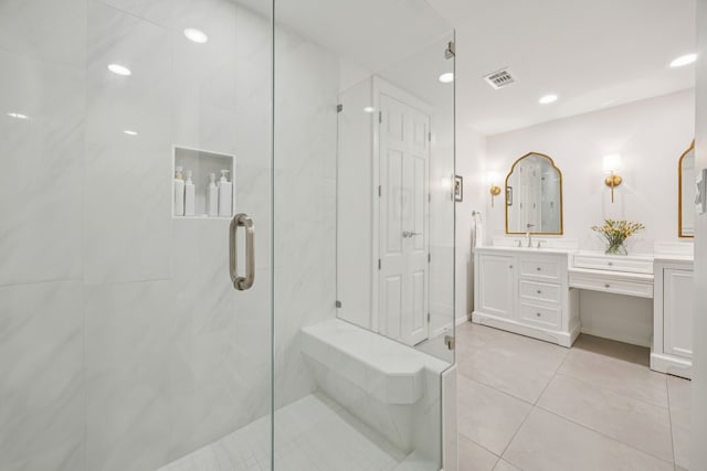 6250 Twin Oaks Cir, Dallas, TX 75240 - full bath featuring a stall shower, vanity, tile patterned flooring, and recessed lighting