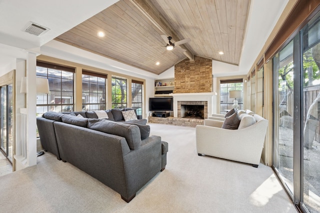 6250 Twin Oaks Cir, Dallas, TX 75240 - living area featuring wooden ceiling, ceiling fan, carpet, a brick fireplace, and recessed lighting