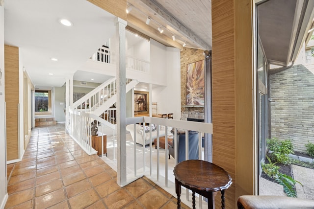 6250 Twin Oaks Cir, Dallas, TX 75240 - corridor with stairs, recessed lighting, and beamed ceiling