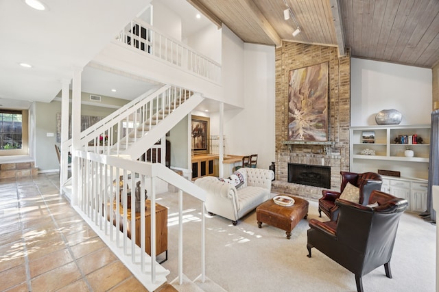 6250 Twin Oaks Cir, Dallas, TX 75240 - living room with a wooden ceiling with exposed beams, stairs, a fireplace, high vaulted ceiling, and recessed lighting