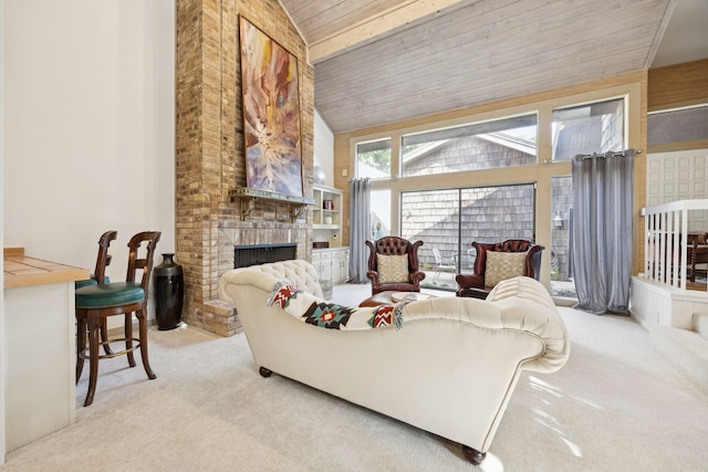 6250 Twin Oaks Cir, Dallas, TX 75240 - carpeted living room featuring high vaulted ceiling, a brick fireplace, and wood ceiling