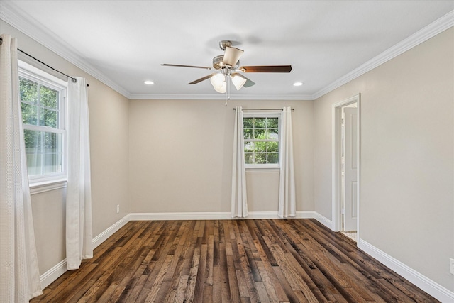4632 Ivanhoe Dr, Fort Worth, TX 76132 - empty room with dark wood-type flooring, ceiling fan, recessed lighting, and crown molding