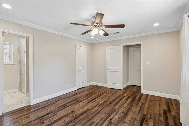 4632 Ivanhoe Dr, Fort Worth, TX 76132 - unfurnished bedroom featuring dark wood-type flooring, crown molding, recessed lighting, a ceiling fan, and ensuite bath