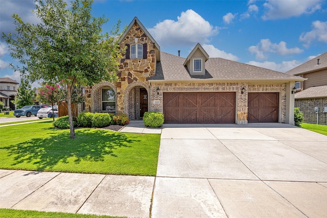 1020 Perennial Ln, Little Elm, TX 75068 - view of front of home with an attached garage, concrete driveway, brick siding, a front yard, and a shingled roof