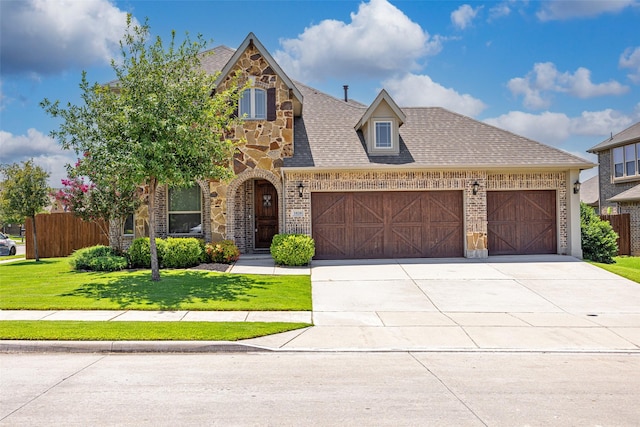 1020 Perennial Ln, Little Elm, TX 75068 - view of front facade featuring an attached garage, brick siding, concrete driveway, stone siding, and roof with shingles