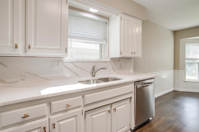 555 Meadowbrook Dr, Burleson, TX 76028 - kitchen with dishwasher, white cabinets, wainscoting, dark wood finished floors, and light stone counters