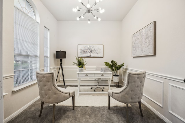 3341 Woodglen Dr, Mckinney, TX 75071 - office with carpet floors, a chandelier, wainscoting, and a decorative wall