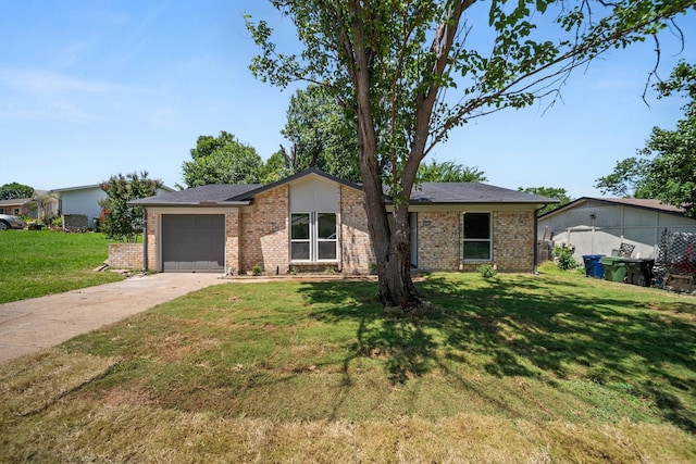 1214 Cove Dr, Garland, TX 75040 - mid-century modern home with brick siding, a garage, concrete driveway, and a front lawn