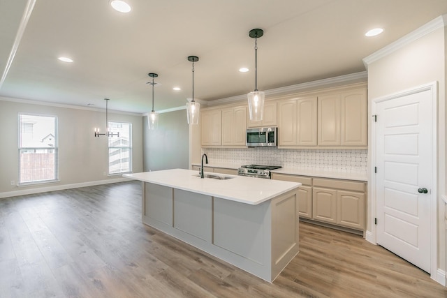 213 Navajo Trl, Alvarado, TX 76009 - kitchen with stainless steel appliances, crown molding, tasteful backsplash, light countertops, and recessed lighting