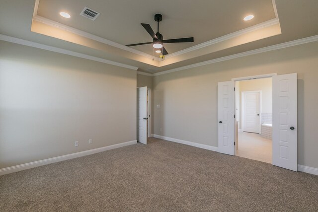 213 Navajo Trl, Alvarado, TX 76009 - unfurnished bedroom featuring a raised ceiling, carpet, ornamental molding, and recessed lighting