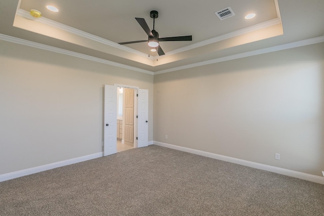 213 Navajo Trl, Alvarado, TX 76009 - unfurnished room featuring a tray ceiling, a ceiling fan, light carpet, crown molding, and a smoke detector
