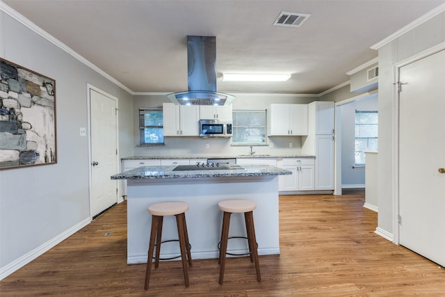 3209 Pecan Ln, Garland, TX 75041 - kitchen with stainless steel microwave, white cabinets, island exhaust hood, a breakfast bar, and a kitchen island