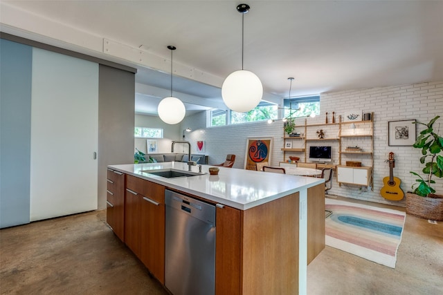 8820 Vinewood Dr, Dallas, TX 75228 - kitchen featuring dishwasher, brick wall, concrete floors, light countertops, and open floor plan