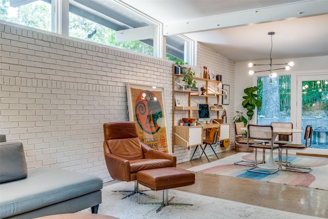8820 Vinewood Dr, Dallas, TX 75228 - living room featuring brick wall and a chandelier