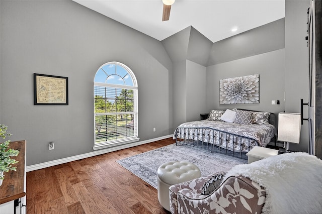 107 Bob Jones Ct, Pottsboro, TX 75076 - bedroom featuring high vaulted ceiling, wood finished floors, and ceiling fan