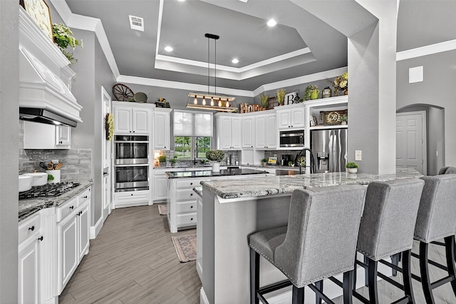 107 Bob Jones Ct, Pottsboro, TX 75076 - kitchen featuring appliances with stainless steel finishes, a raised ceiling, arched walkways, open shelves, and crown molding