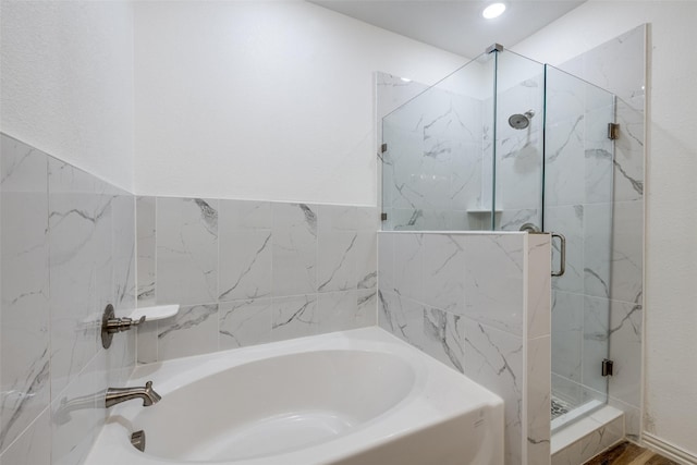 1328 Glasgow Rd, Fort Worth, TX 76134 - bathroom featuring a garden tub and a marble finish shower