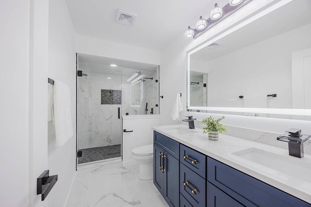 2504 Guilford Rd, Fort Worth, TX 76107 - bathroom with marble look tiles, a marble finish shower, and double vanity