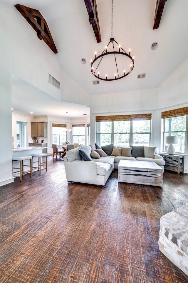 800 Manor Dr, Argyle, TX 76226 - living room featuring high vaulted ceiling, beamed ceiling, and a chandelier