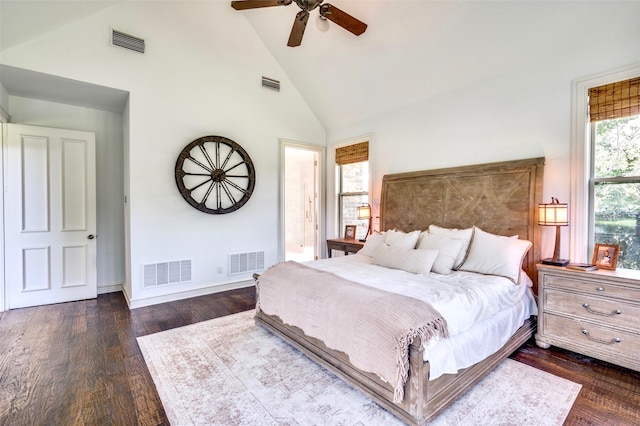 800 Manor Dr, Argyle, TX 76226 - bedroom featuring high vaulted ceiling, wood finished floors, and a ceiling fan