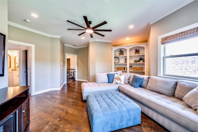 800 Manor Dr, Argyle, TX 76226 - living room with ceiling fan, dark wood-style floors, ornamental molding, and recessed lighting
