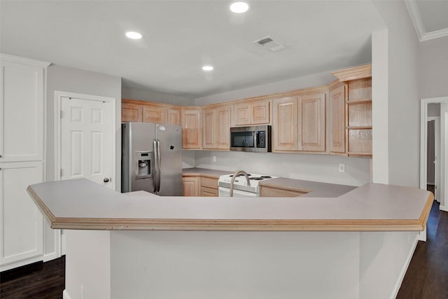 4909 Indio Ln, Sherman, TX 75092 - kitchen with appliances with stainless steel finishes, dark wood-style flooring, open shelves, a peninsula, and light brown cabinetry